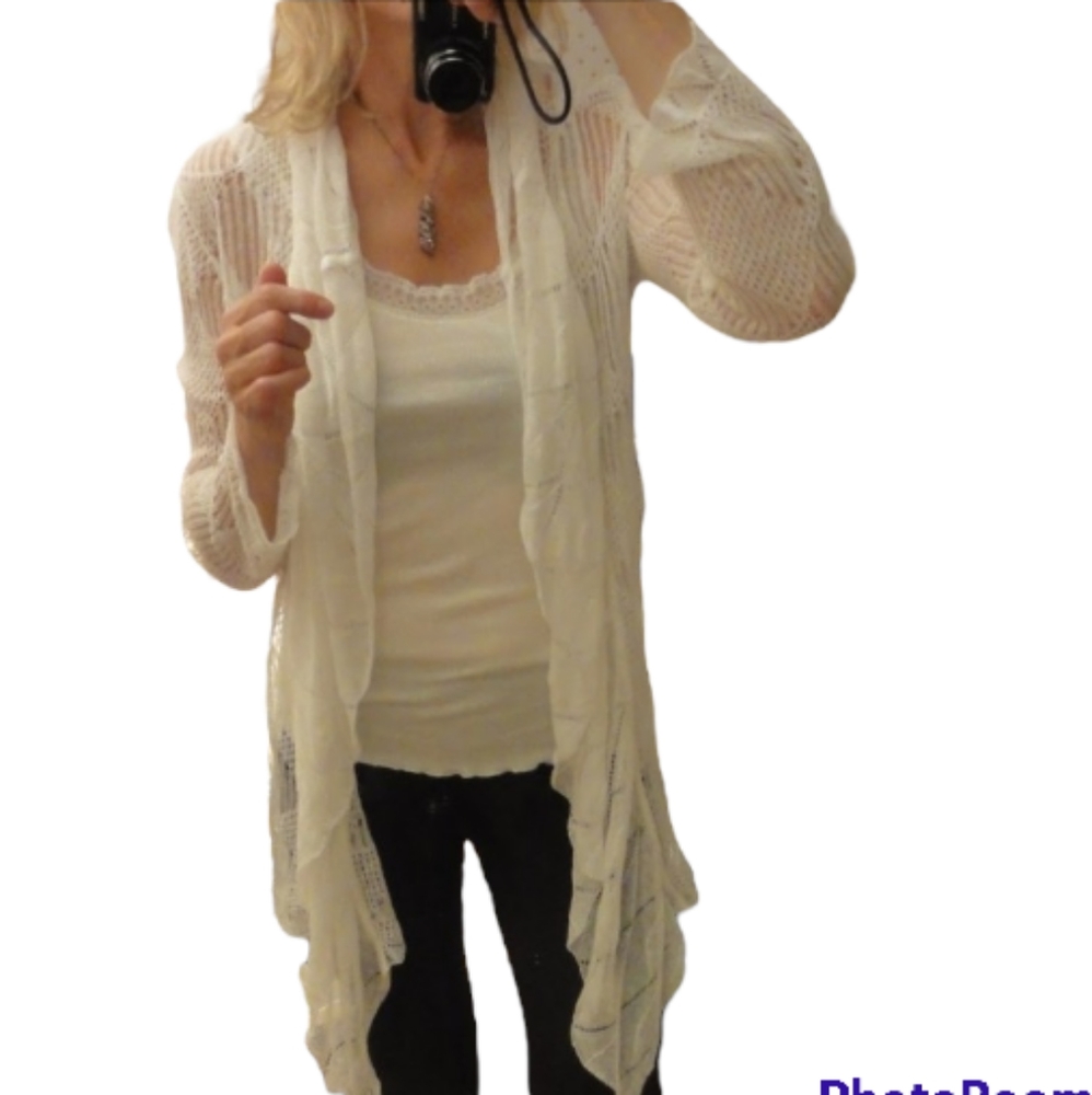 Lacy Flowy White wrap drape sweater Boho - Picture 2 of 6